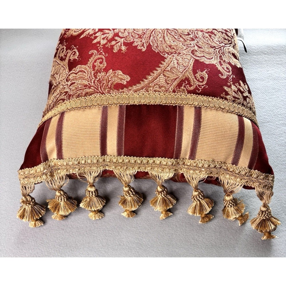 Luxury Croscill Carlisle Throw Pillow Red Gold Damask Stripe Tassels 20" x 14"